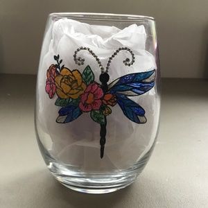 Hand painted dragonfly stemless wine glass